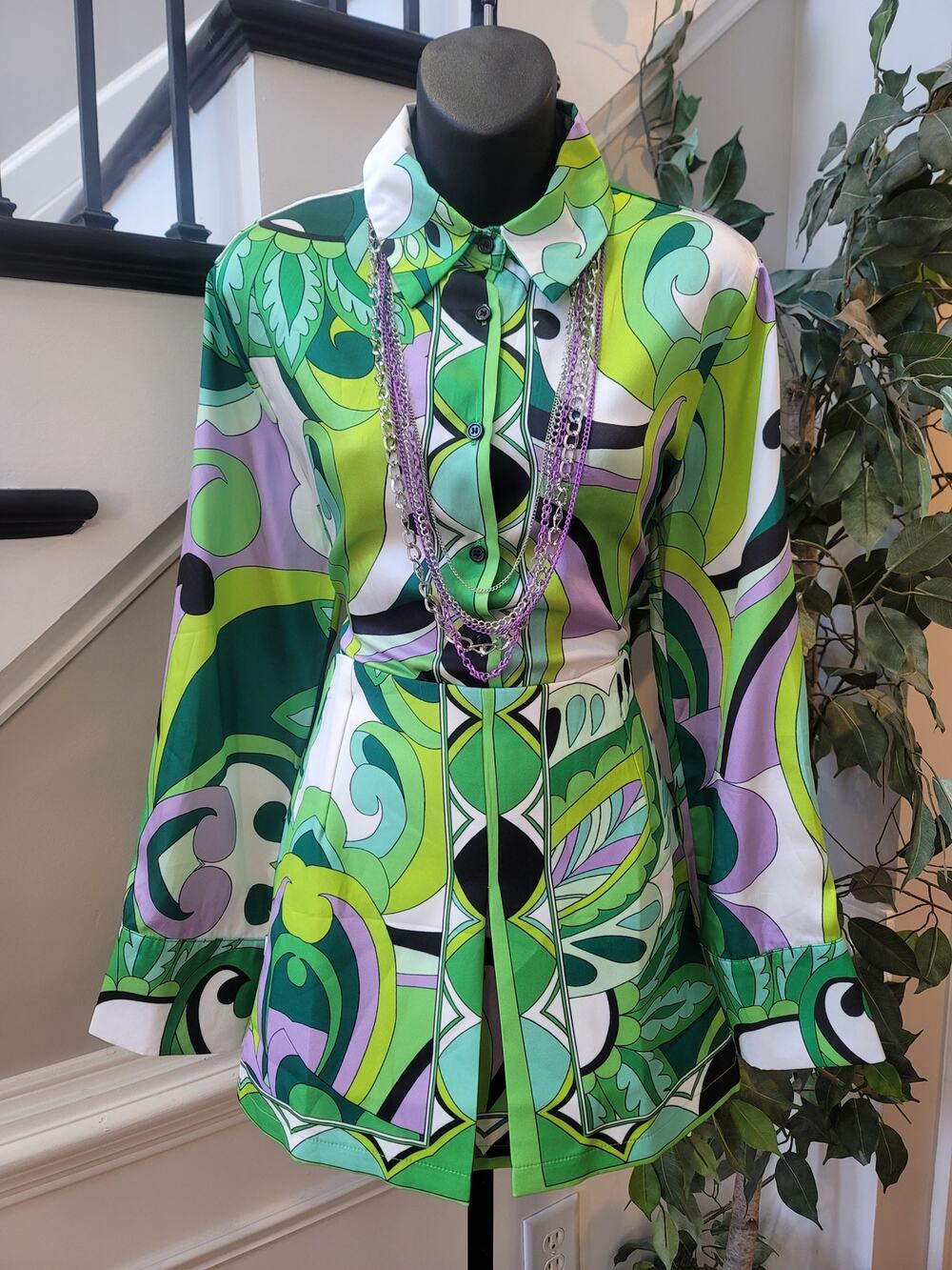 Fancy Dream Skirt Set Women's Green Geometric Button Up Side Zipper Long Sleeve